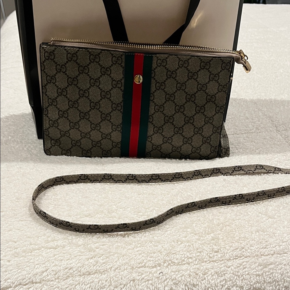 Brown Clutch, Wristlet or Crossbody with Red and Green Stripe